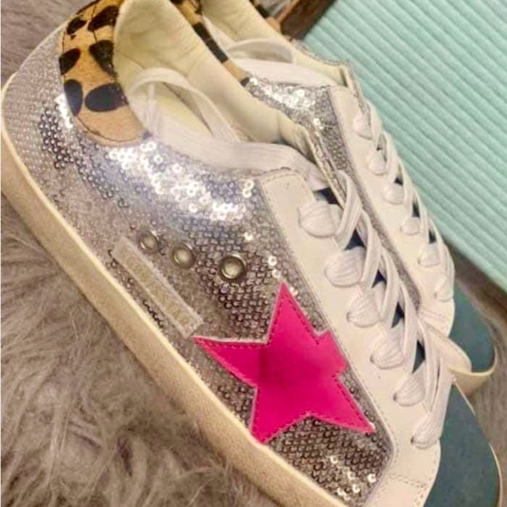 Golden Goose silver sequin, pink and cheetah tennis shoes sz 38